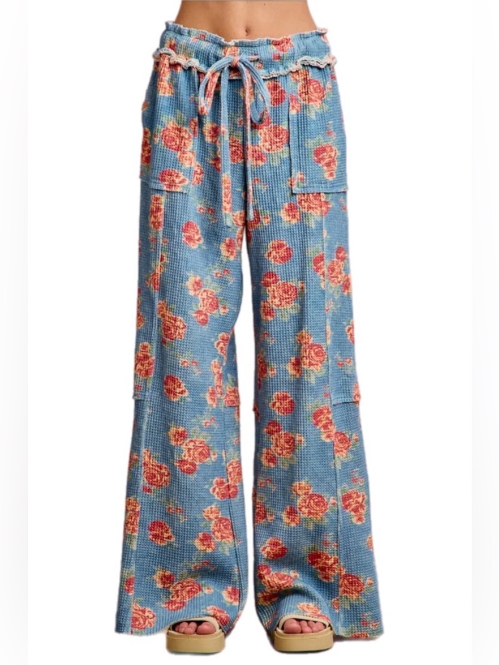 NWT Bibi Floral Wide Leg Waffle Pant with Ruffle Detail Medium